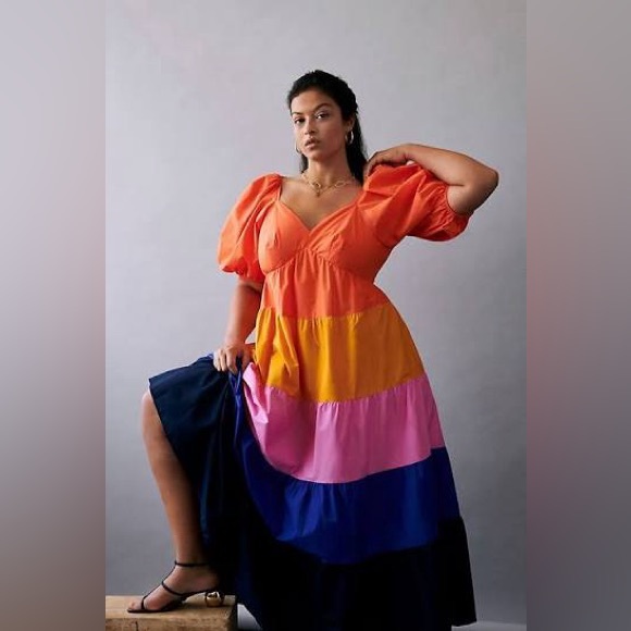 FARM Rio Multicolor Tiered Puff-Sleeve Maxi Dress — Orange, Yellow, Pink & Blue - Picture 4 of 12